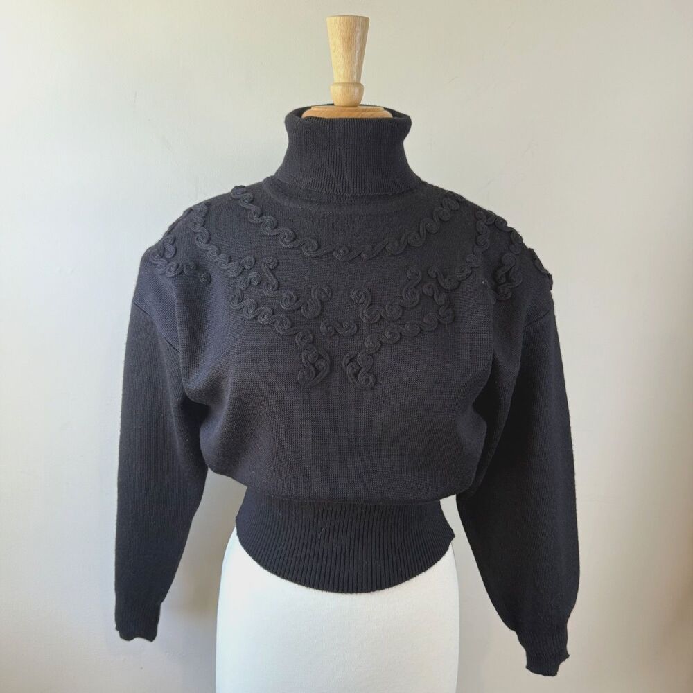 Vintage Applique Black Turtleneck Textured Sweater Double Knit, Small
